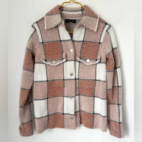 Rachel Zoe Brown White Plaid Fuzzy Cozy Snap Front Shacket Jacket Women’s XS - Picture 1 of 6